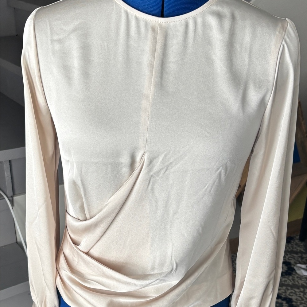 Express Cream Asymmetrical Ruched Long Sleeve Blouse